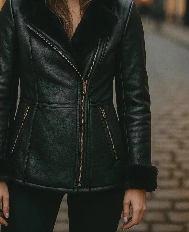 Women's Black Sheepskin Leather Hoodie