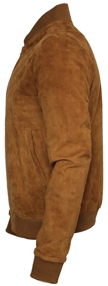 Men's Tan Goat Suede Varsity Bomber Jacket