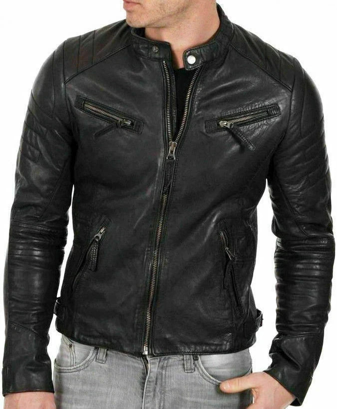 Men's Black Sheepskin Leather Café Racer Jacket