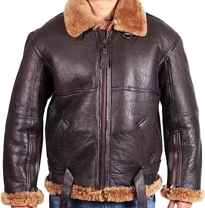 Men's Brown Sheepskin Bomber Jacket, Wide Collar