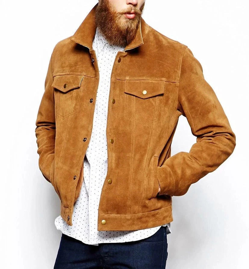 Men's Brown Suede Slim-Fit Biker Jacket