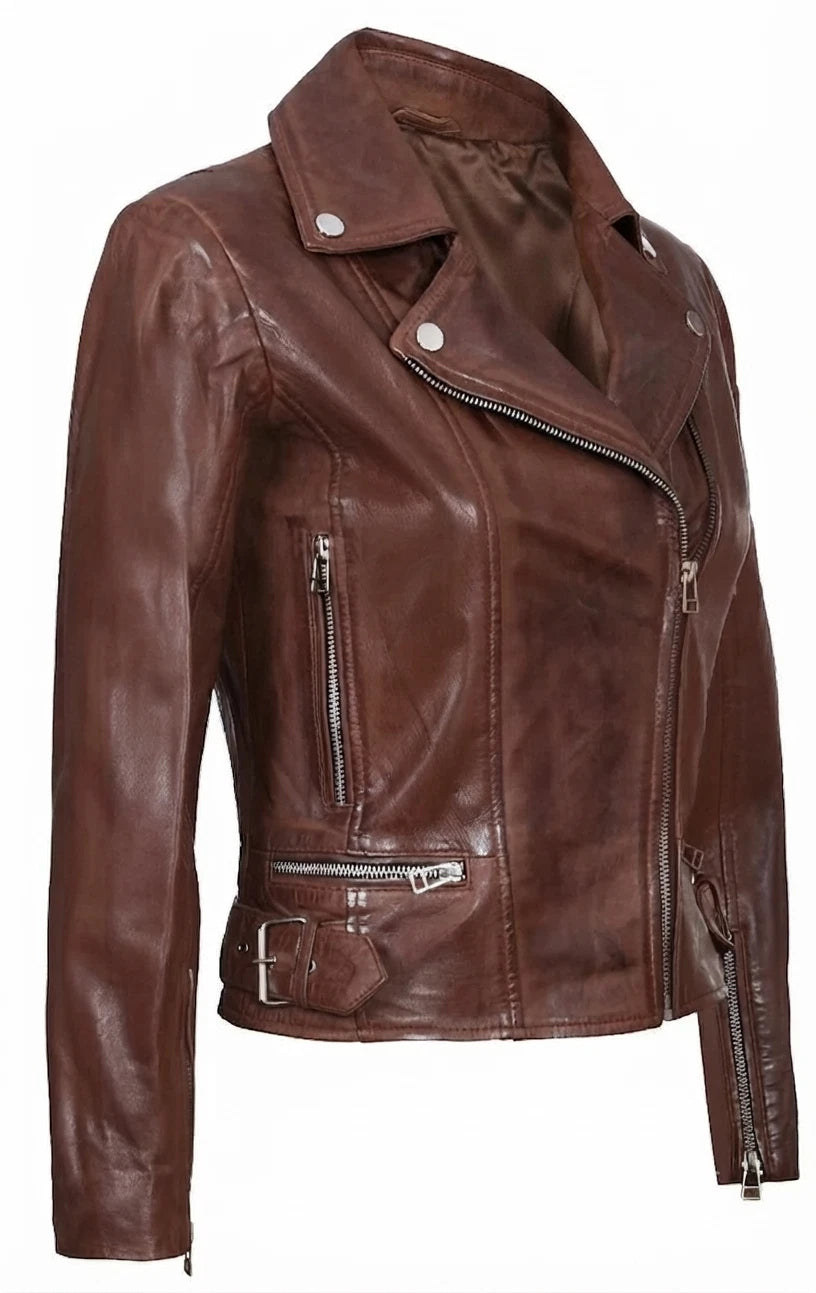 Women's Brown Lambskin Leather Biker Jacket
