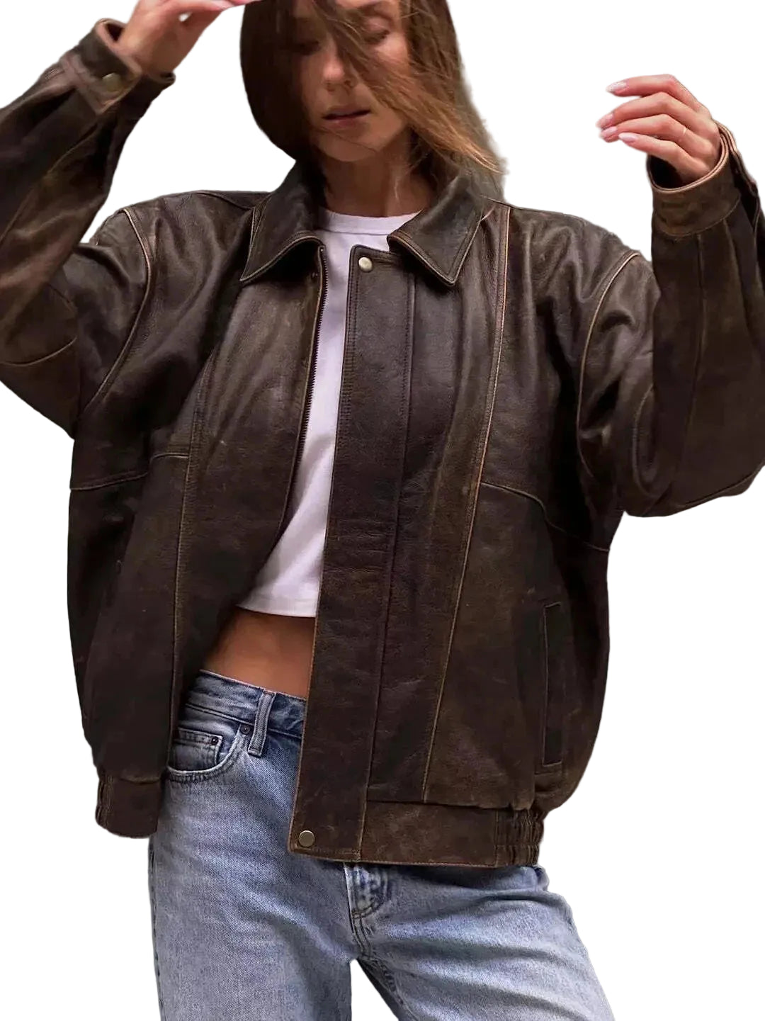 Women's Brown Crackled Leather Bomber Jacket