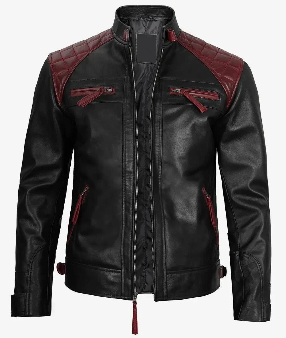 Men's Black Burgundy Leather Biker Jacket
