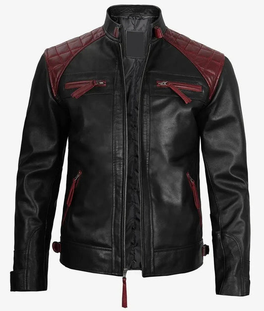 Men's Black Burgundy Leather Biker Jacket