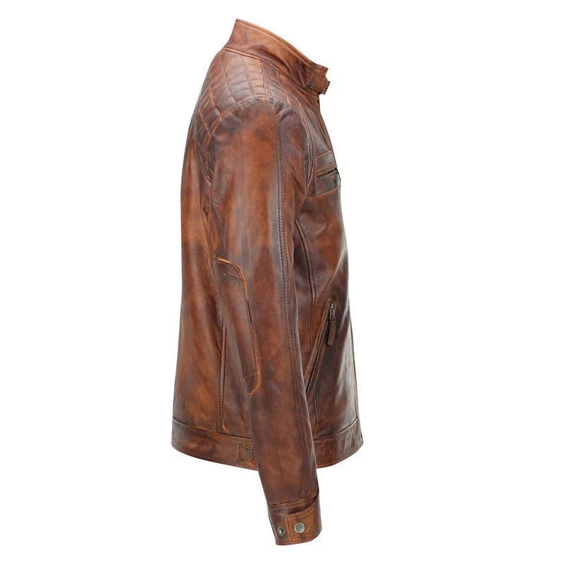 Men's Brown Distressed Leather Cafe Racer Jacket