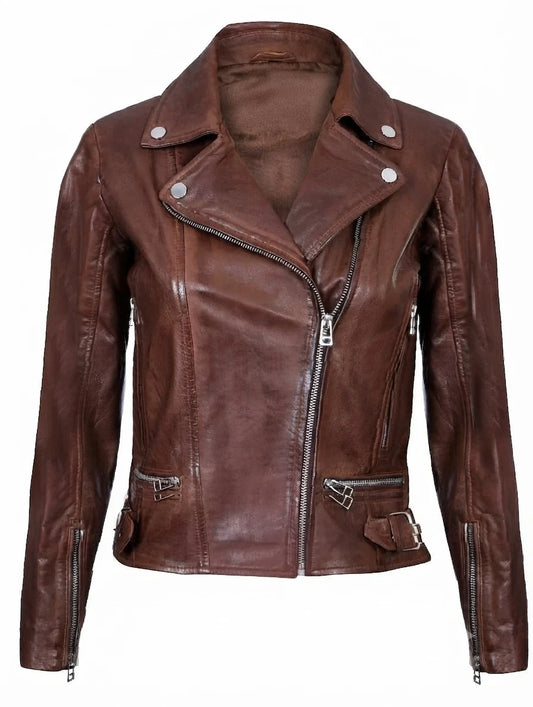 Women's Brown Lambskin Leather Biker Jacket