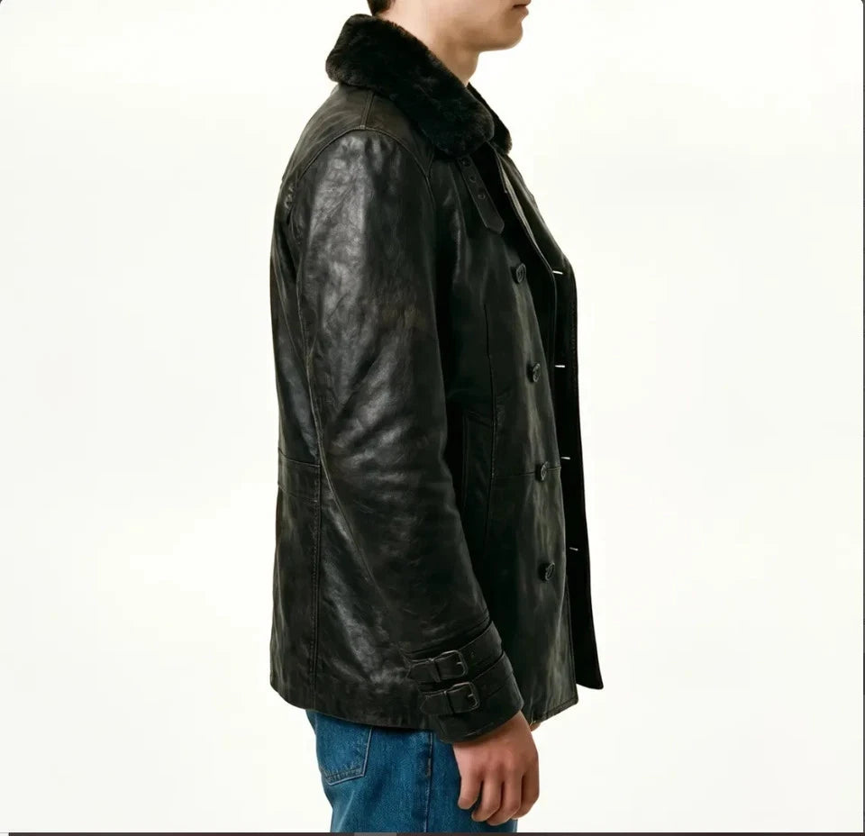 Men's Black Leather Double-Breasted Fur-Collar Coat
