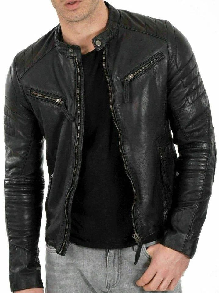 Men's Black Sheepskin Leather Café Racer Jacket
