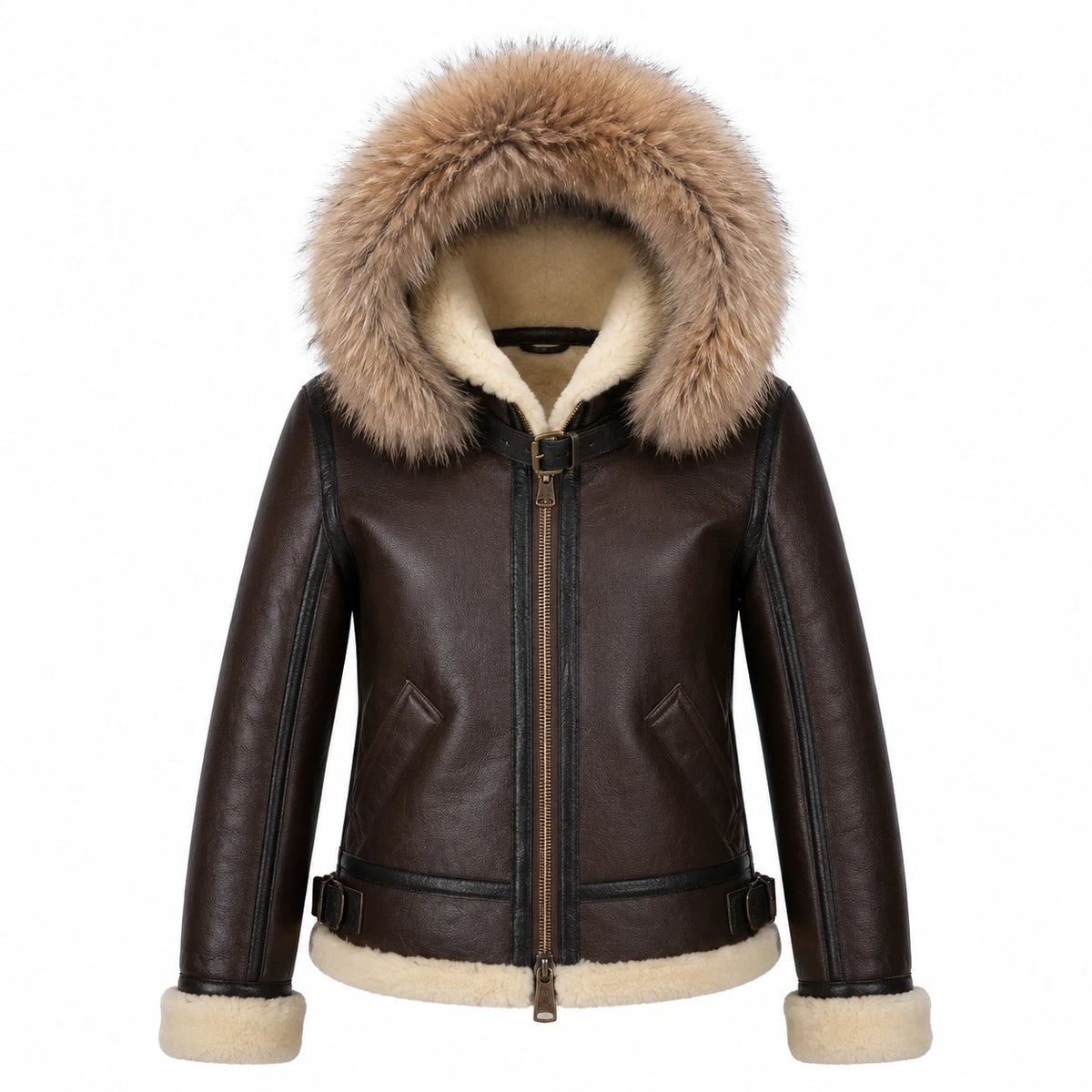 Women's Black Sheepskin Leather Hooded Coat