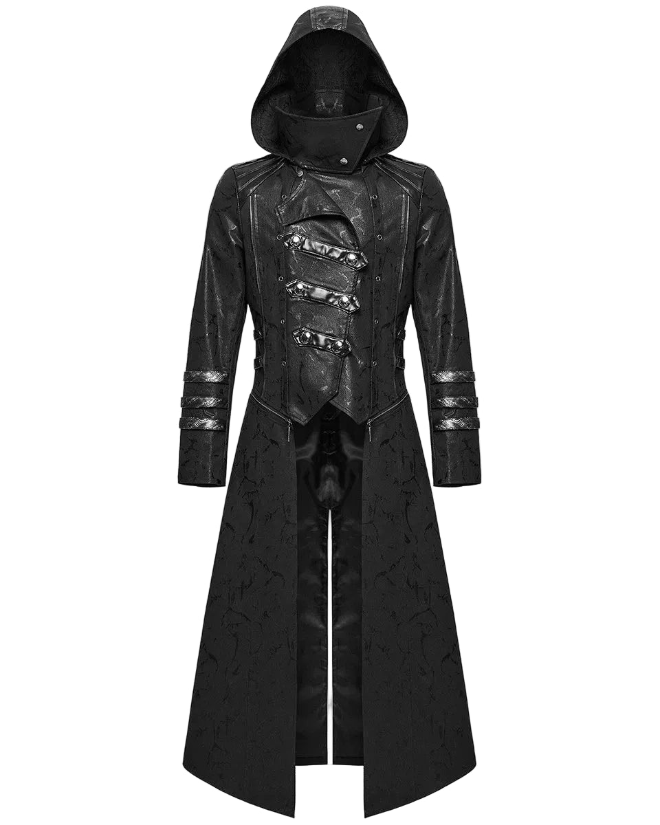 Men's Black Leather Hooded Gothic Trench Coat