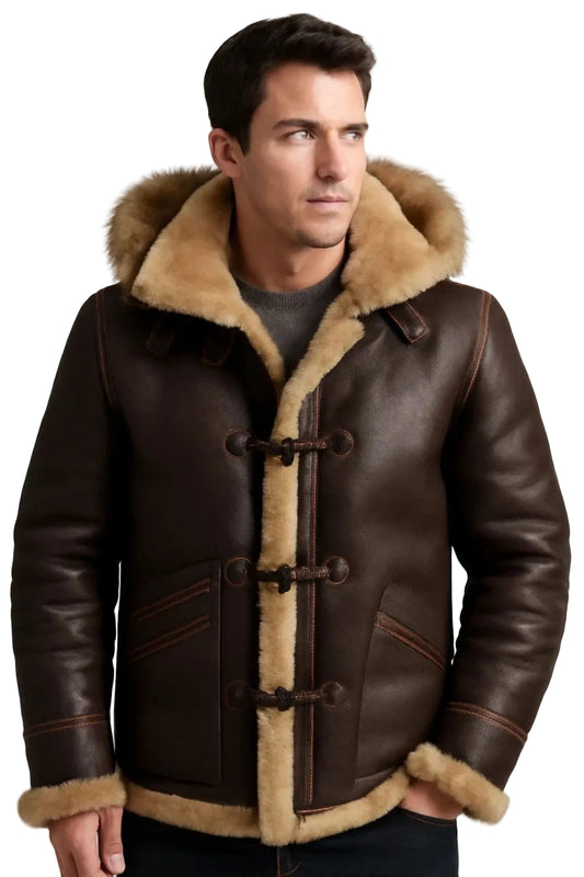 Men's Brown Leather Hooded Winter Jacket