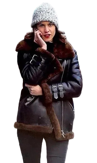 Women's Black Leather Aviator Jacket