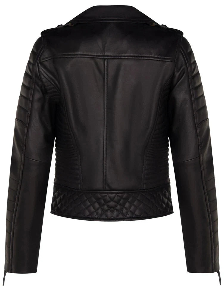 Women's Black Sheepskin Leather Gold-Zip Biker Jacket