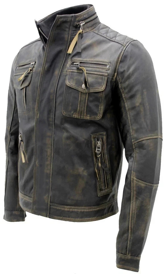 Men's Black Distressed Leather Biker Jacket