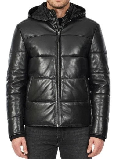 Men's Black Sheep Leather Hooded Puffer Jacket