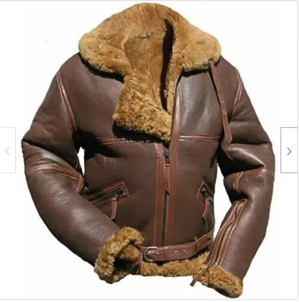 Men's Brown Sheepskin Bomber Jacket, Fur Collar