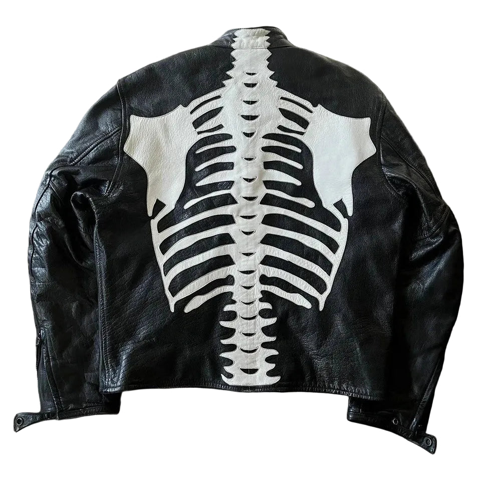 Men's Black Leather Skeleton Biker Jacket
