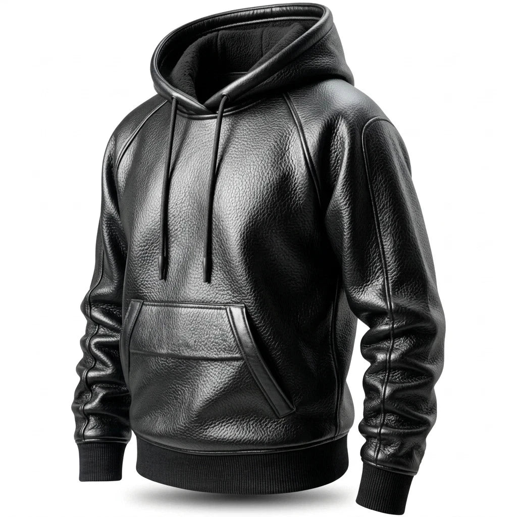 Men's Black Sheepskin Leather Hooded Biker Jacket
