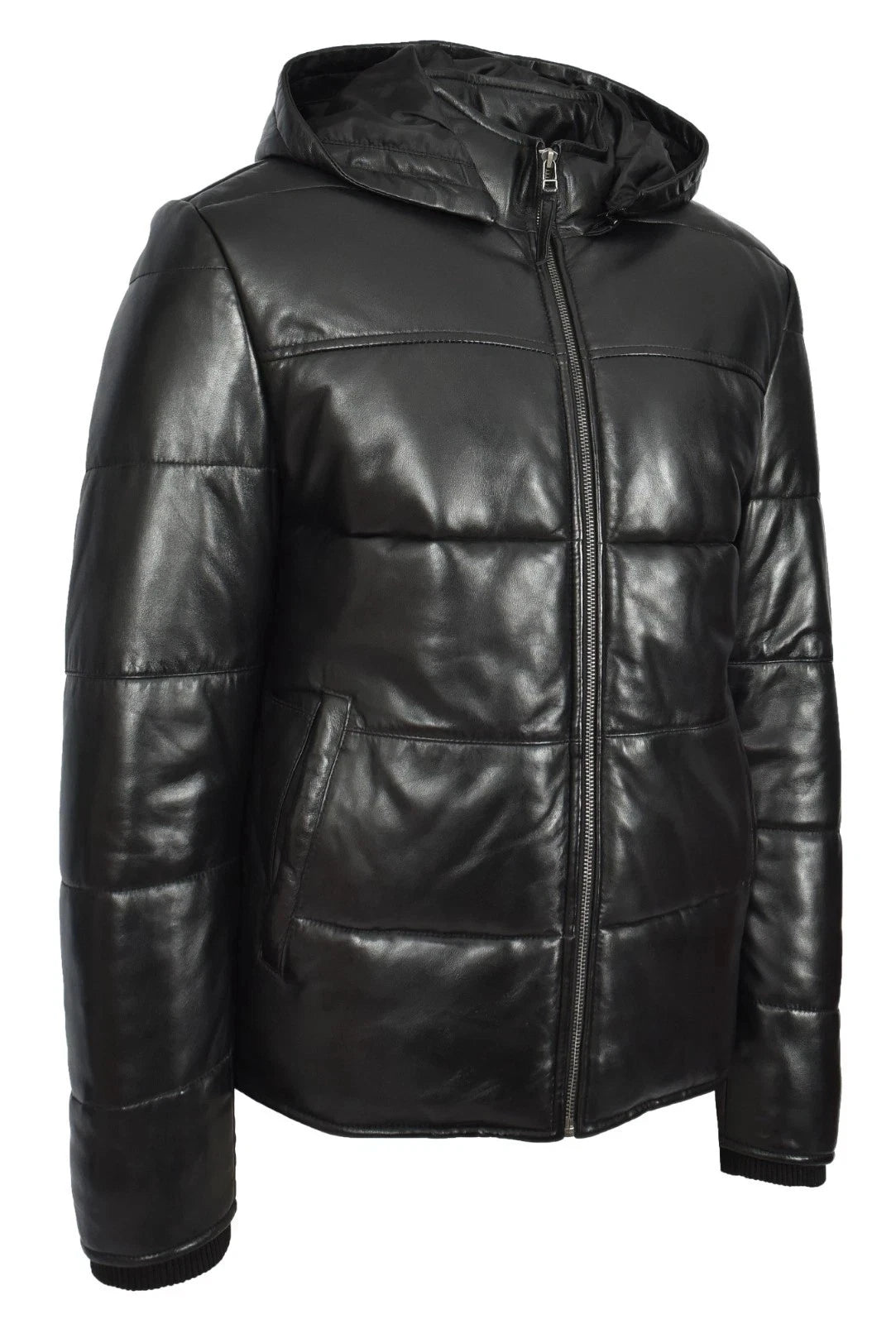Men's Black Sheep Leather Hooded Puffer Jacket