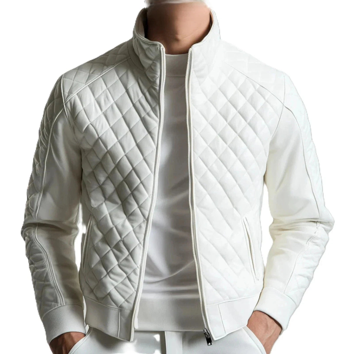 Men's White Lambskin Leather Bomber Jacket Handmade Quilted Biker Jacket