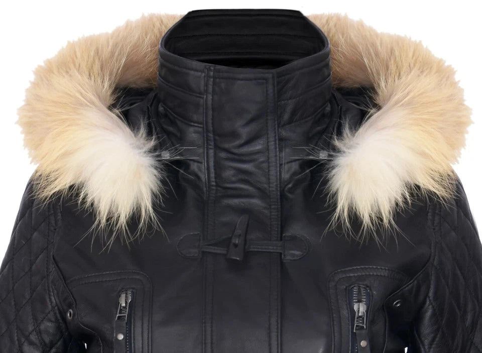 Women's Black Sheepskin Leather Hooded Trench Coat
