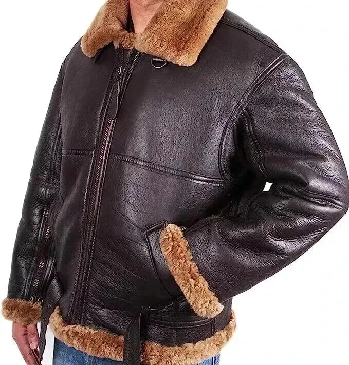 Men's Brown Sheepskin Bomber Jacket, Wide Collar
