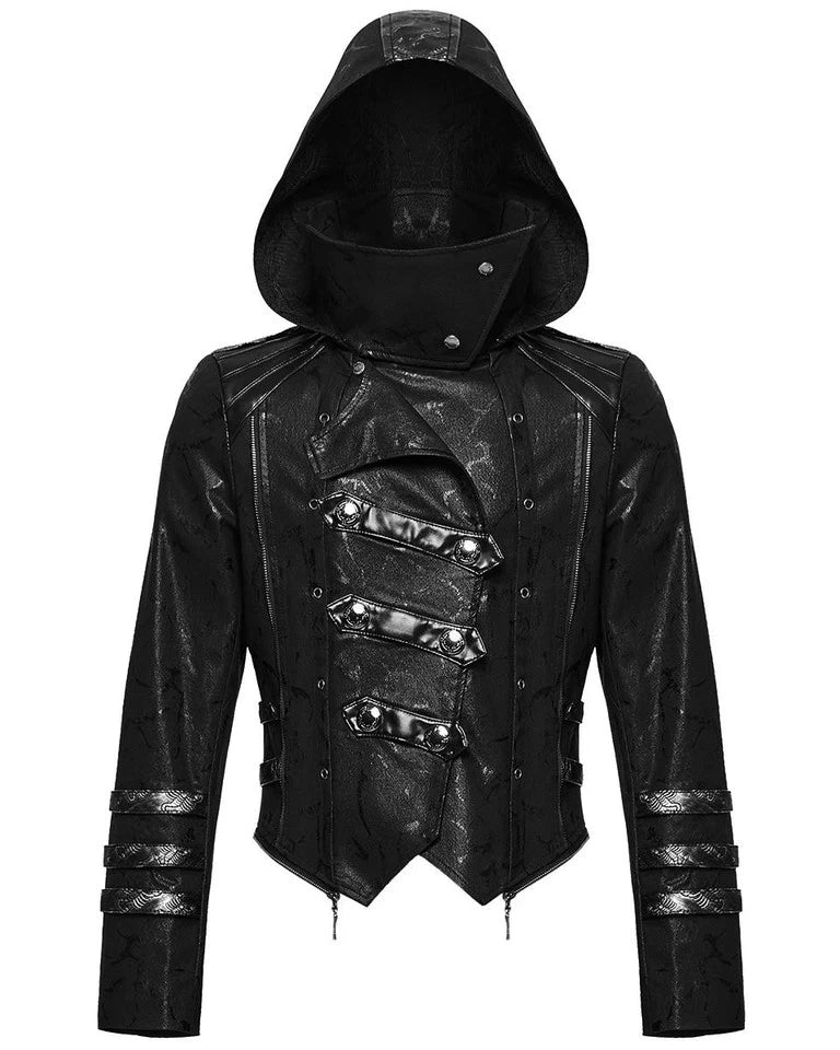 Men's Black Leather Hooded Gothic Trench Coat