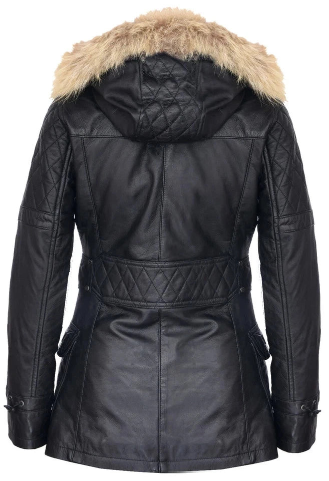 Women's Black Sheepskin Leather Hooded Trench Coat