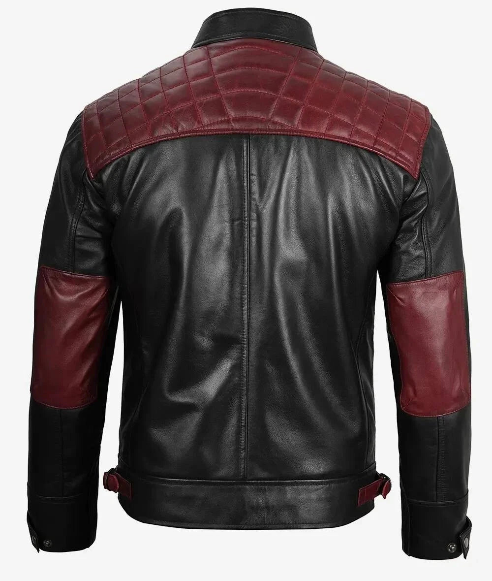 Men's Black Burgundy Leather Biker Jacket