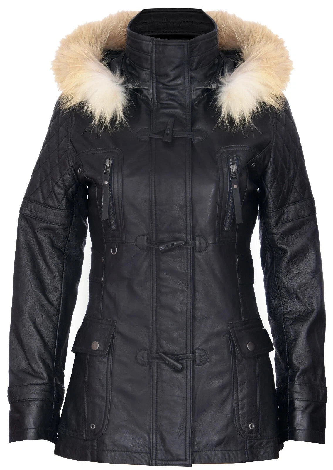 Women's Black Sheepskin Leather Hooded Trench Coat