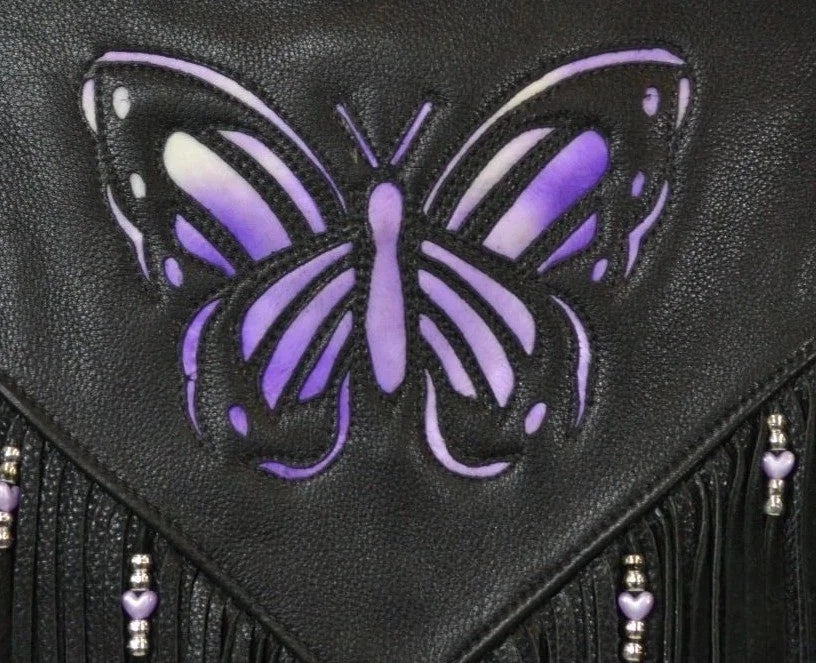 Women's Black Genuine Leather Vest Fringe Biker Motorcycle Butterfly Waistcoat