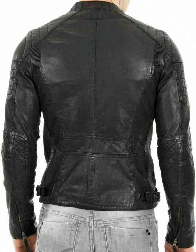 Men's Black Sheepskin Leather Café Racer Jacket