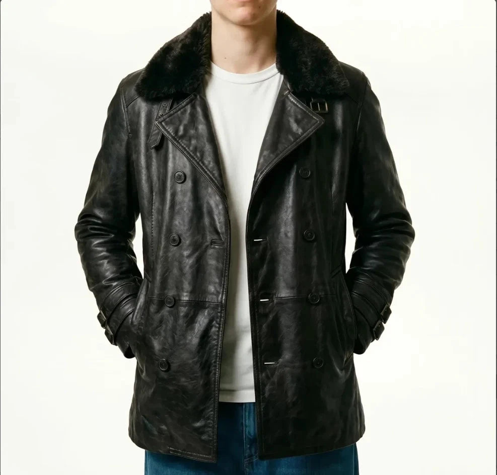 Men's Black Leather Double-Breasted Fur-Collar Coat