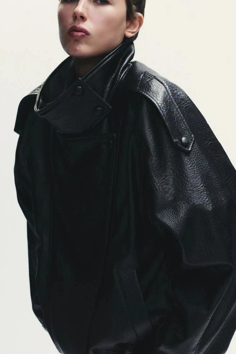 Women's Black Sheepskin Leather Oversized Bomber Jacket
