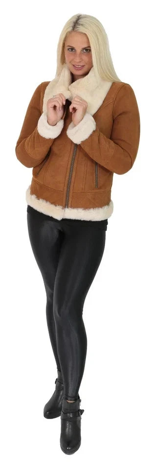 Women's Tan Brown Leather Jacket, Oversized Collar