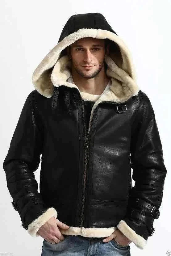 Men's Black Leather B3 Bomber Jacket