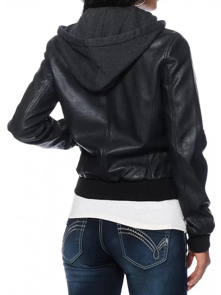Women's Lambskin Leather Hooded Bomber Jacket