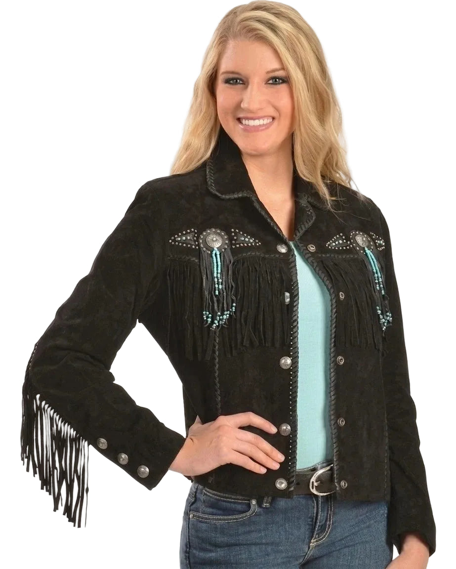 Women's Black Suede Leather Handmade Jacket Western Style Fringe Contrast Beads