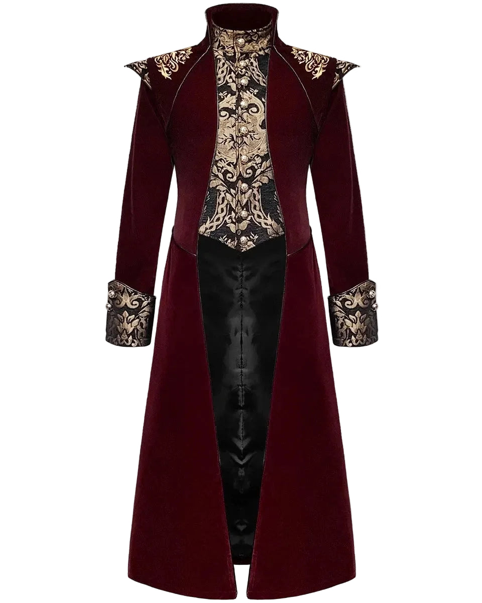 Men's Red Velvet Damask Gothic Trench Coat