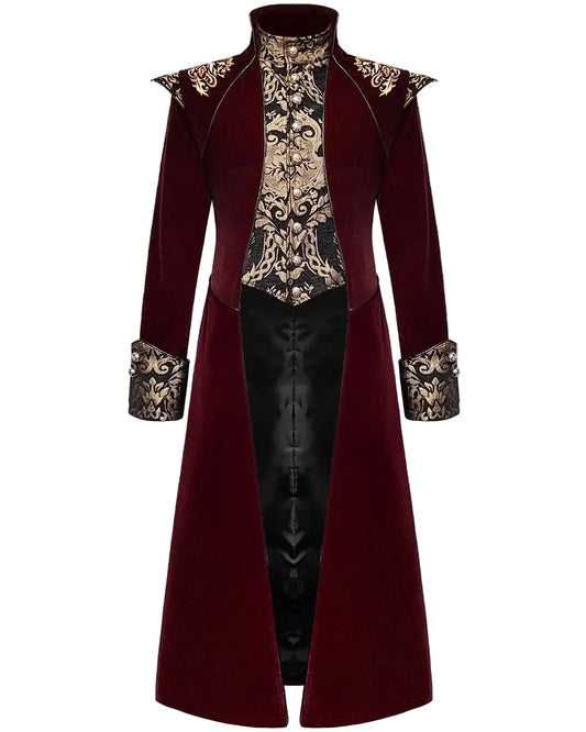 Men's Red Velvet Damask Gothic Trench Coat