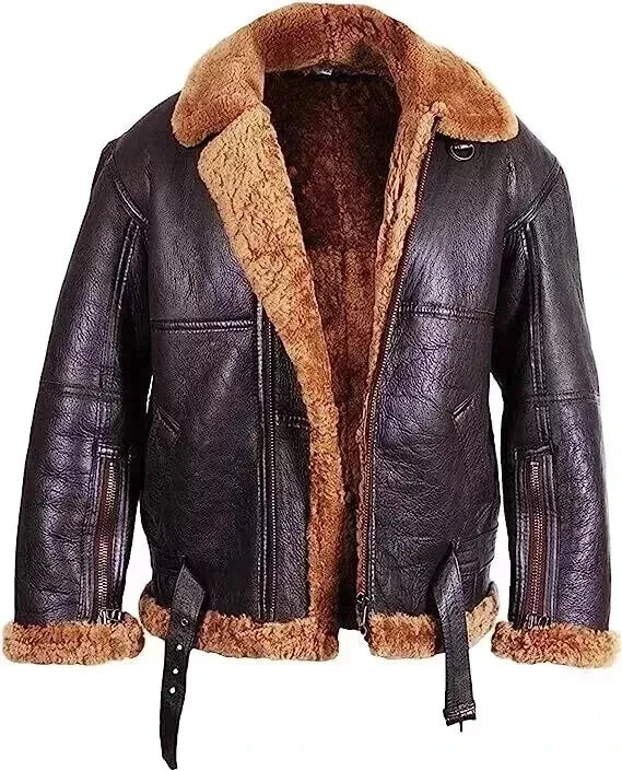 Men's Brown Sheepskin Bomber Jacket, Wide Collar