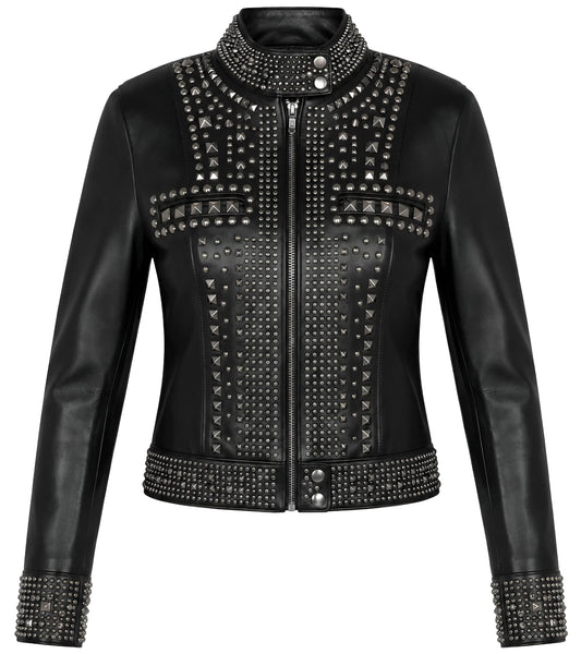 Women's Black Studded Leather Moto Jacket
