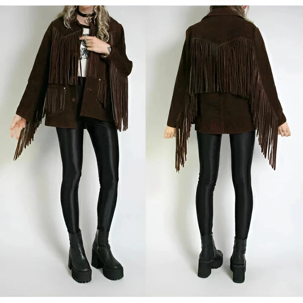 Women's Brown Suede Western Fringe Jacket