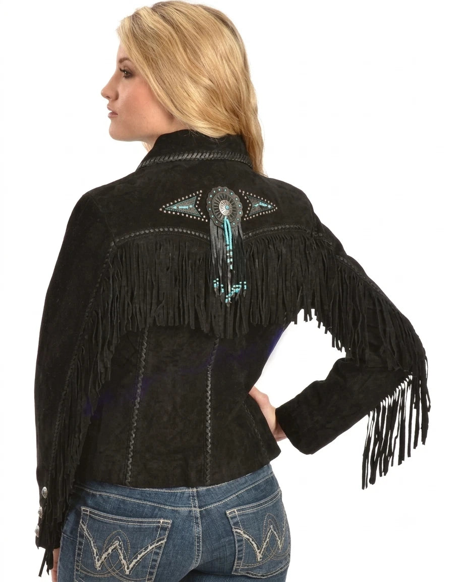 Women's Black Suede Leather Handmade Jacket Western Style Fringe Contrast Beads