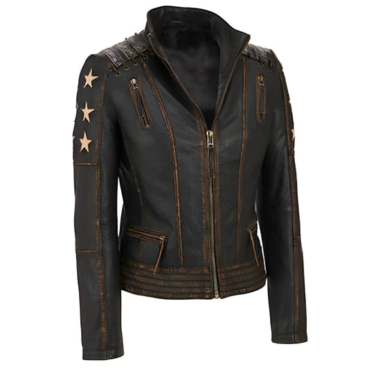 Women's Brown Distressed Café Racer Leather Jacket