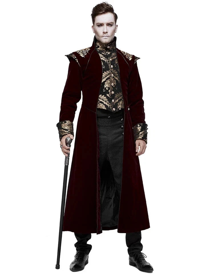 Men's Red Velvet Damask Gothic Trench Coat