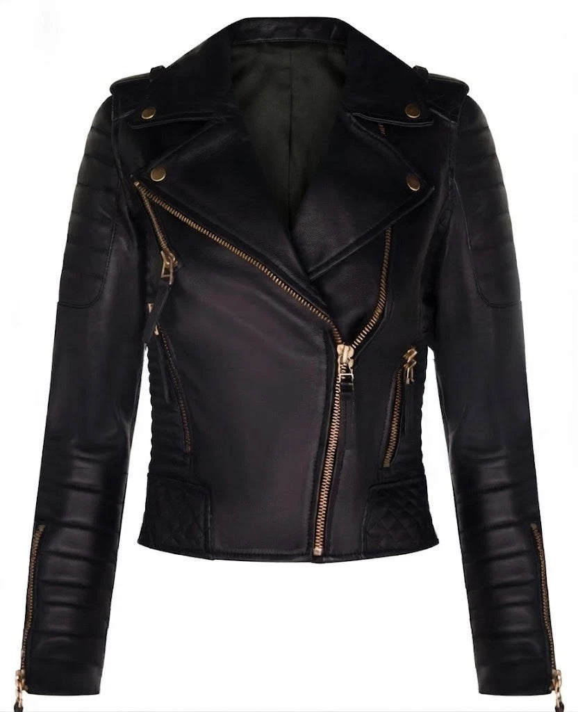 Women's Black Sheepskin Leather Gold-Zip Biker Jacket