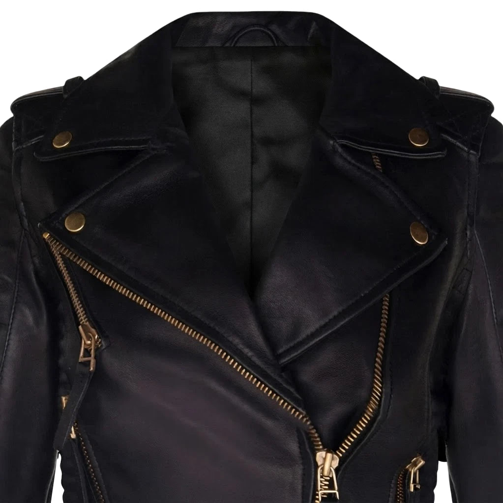 Women's Black Sheepskin Leather Gold-Zip Biker Jacket