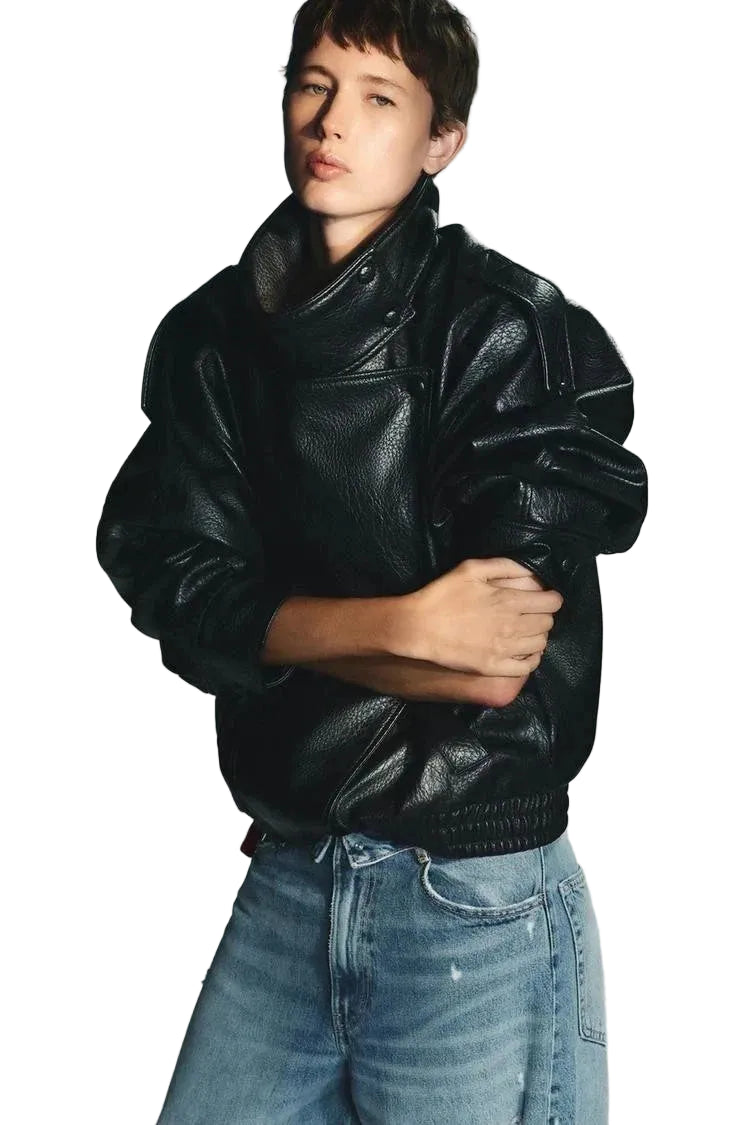Women's Black Sheepskin Leather Oversized Bomber Jacket